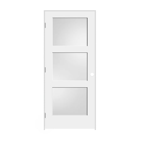 Codel Doors 28"x80"x1-3/8" Primed 3-Panel Equal Panel w/White Lami Glass Interior Shaker 4-9/16" RH Prehung Door 2468pri8433GLRH26D4916